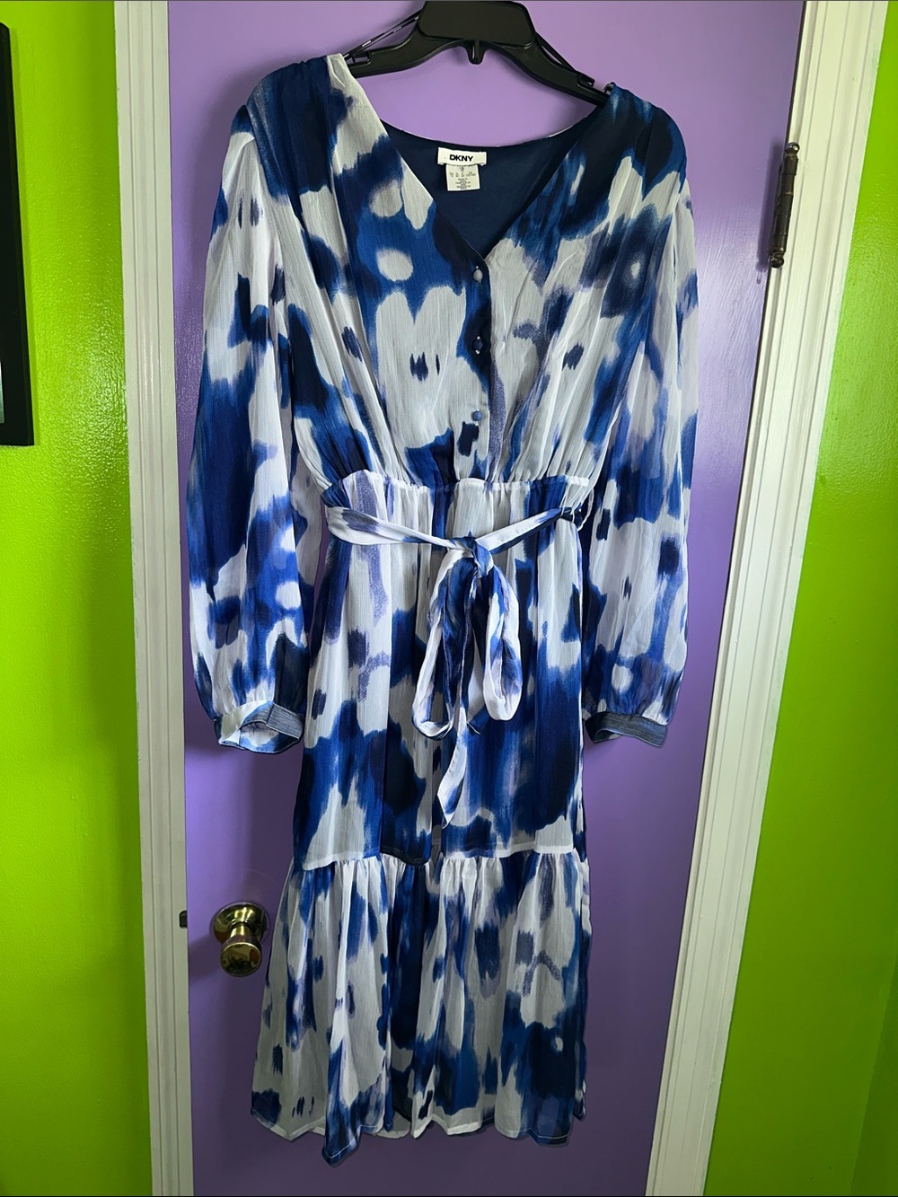 DKNY Blue and White Watercolor Print Midi Dress